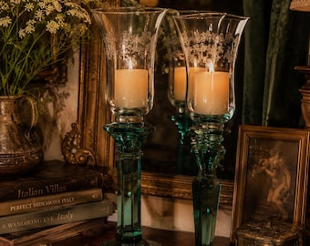 Vintage Savoir Vivre Italian Green Glass Candle Holders Pair Etched Hurricane Shades Removable Cups