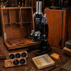 May include: A vintage black microscope with silver accents, labeled "Swift" and "Japan", sits on a wooden table. Accessories include lens holders, slides, a magnifying glass, and a wooden box. The scene evokes a classic science or laboratory setting.