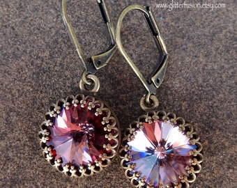 Antique Pink Swarovski Crystal Antique Brass Crown Lever Back Dangle Earrings, Light Pink Crystal Boho Chic Bridesmaid Statement Earrings