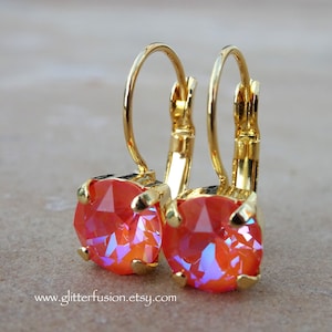 Orange Glow DeLite Swarovski Crystal Dangle Statement Earrings, Bright Orange Bridesmaid Earrings, Pageant Prom Earrings, Glitter Fusion