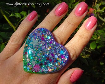 HUGE Oversized Big Mermaid Pop Party Resin Heart Statement Ring, Colorful Confetti Surprise Glitter Gradient Ombre Resin Ring GlitterFusion