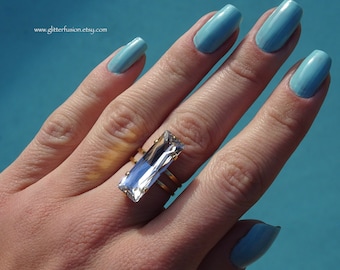 Clear Baguette Swarovski Crystal Statement Ring, Neutral Crystal Gold High Fashion Elegant Ring, Boho Style Ring, Glitter Fusion Jewelry