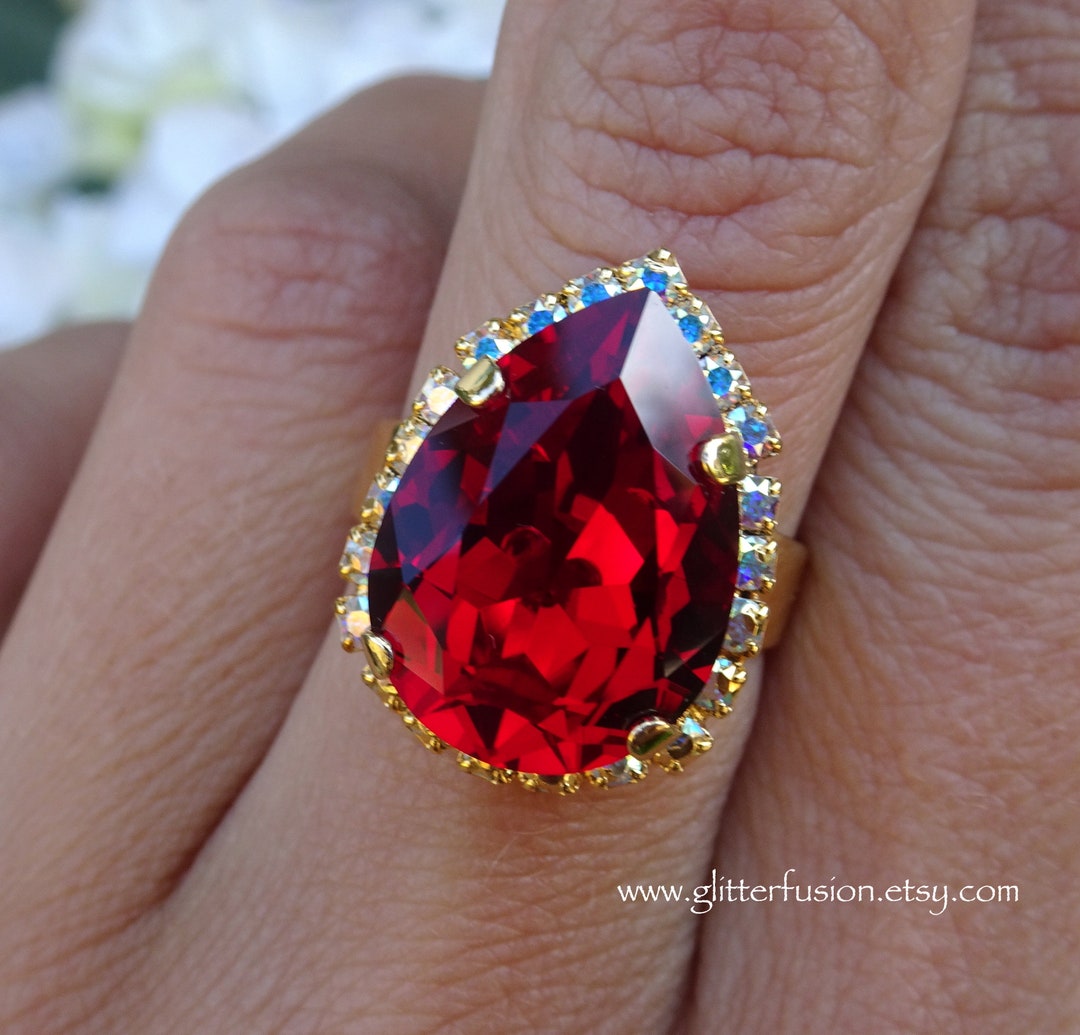 Siam Swarovski Crystal Aurora Borealis Halo Statement Ring Ruby Red Crystal Pear Gold Ring Valentine s Day Gift for Her Glitter Fusion Etsy Canada