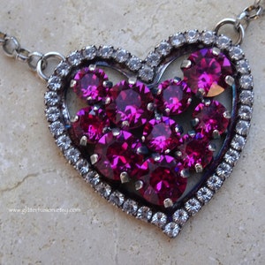 Fuchsia Swarovski Crystal Valentine&#39;s Day Heart Statement Necklace, Romantic Gift For Her, Multi Stone Pink Heart Necklace, Glitter Fusion