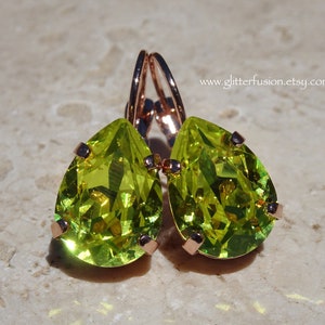 Chartreuse Austrian Crystal Pear Shaped Statement Earrings, Neon Yellow Green Teardrop Crystal Rose Gold Bridesmaid Earrings, Glitter Fusion