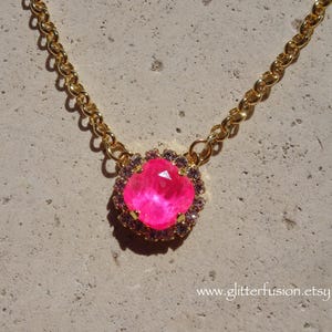 Neon Pink Swarovski Cushion Cut Crystal Gold Rolo Chain Statement Necklace, Hot Pink Crystal Clear Halo Bridesmaid Necklace, Glitter Fusion