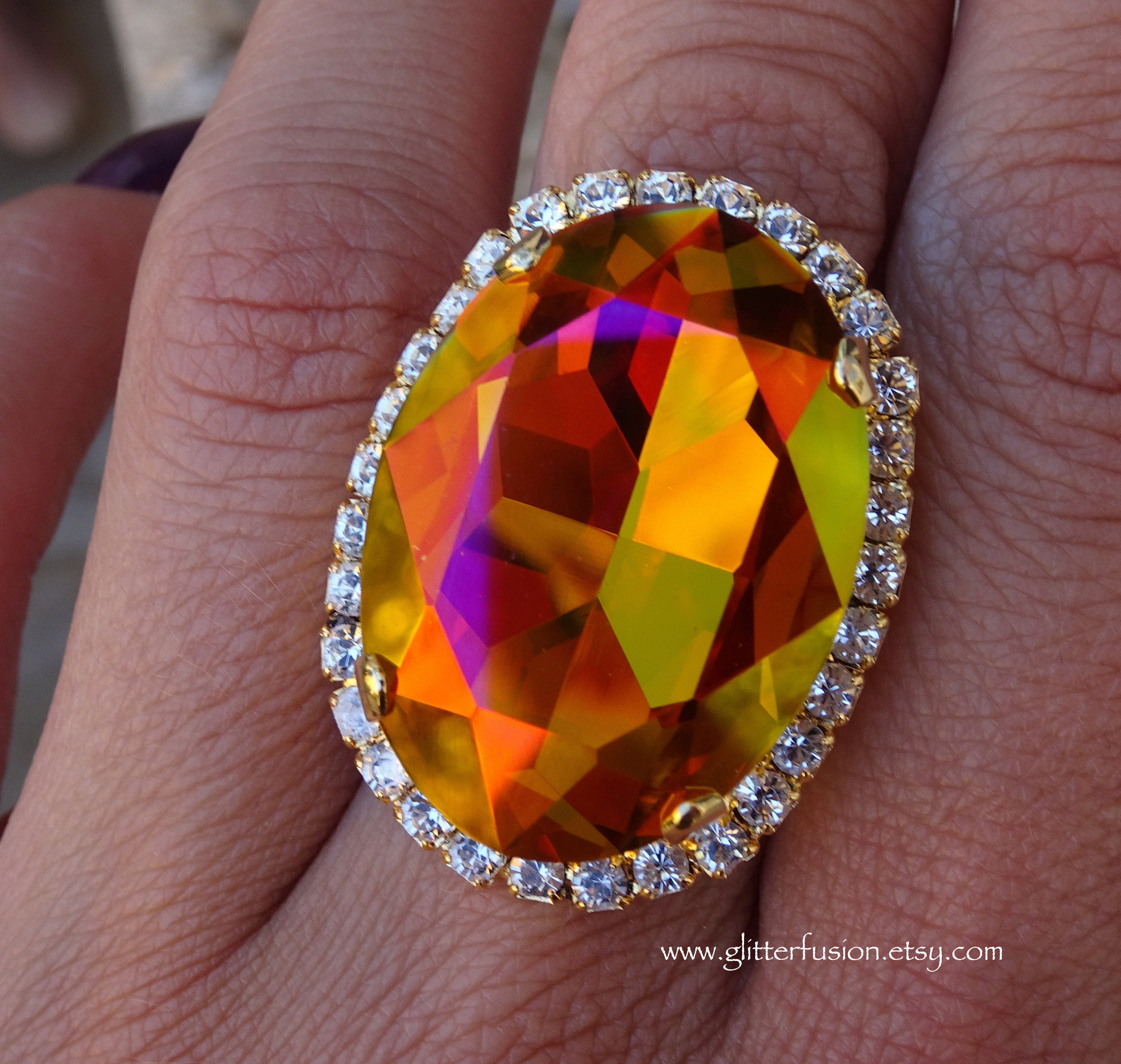 Pageant Rings Astral Pink Czech Crystal Oval Statement Ring, Big Pink Orange Autumn ...