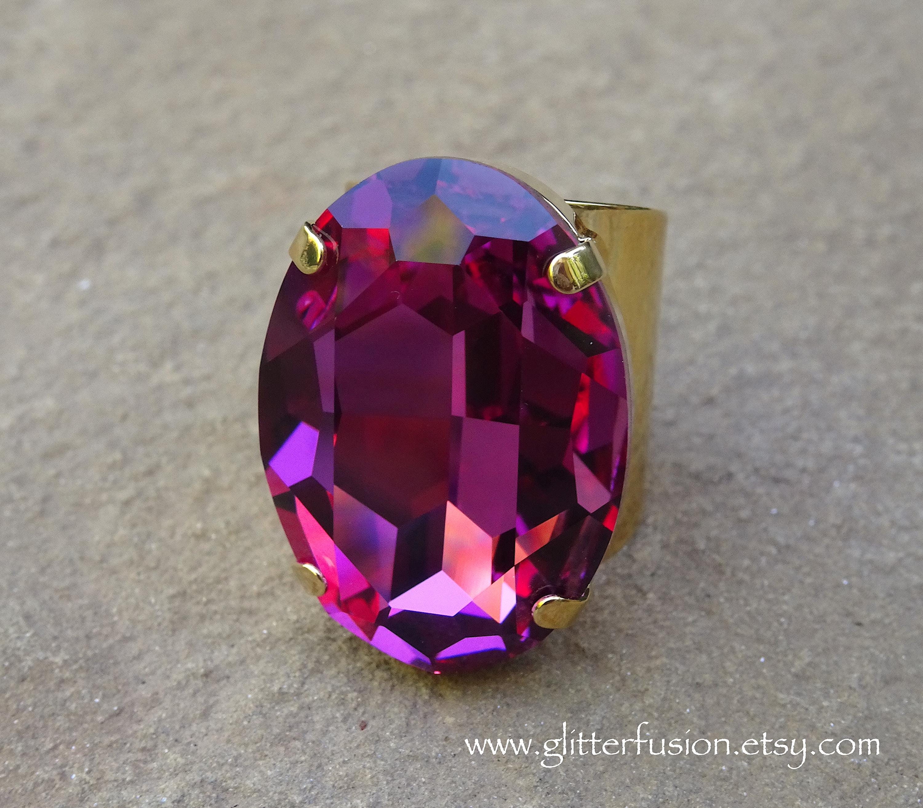 Pageant Rings NEW COLOR Dark Rose Swarovski Crystal Statement Ring, Deep Pink Oval ...