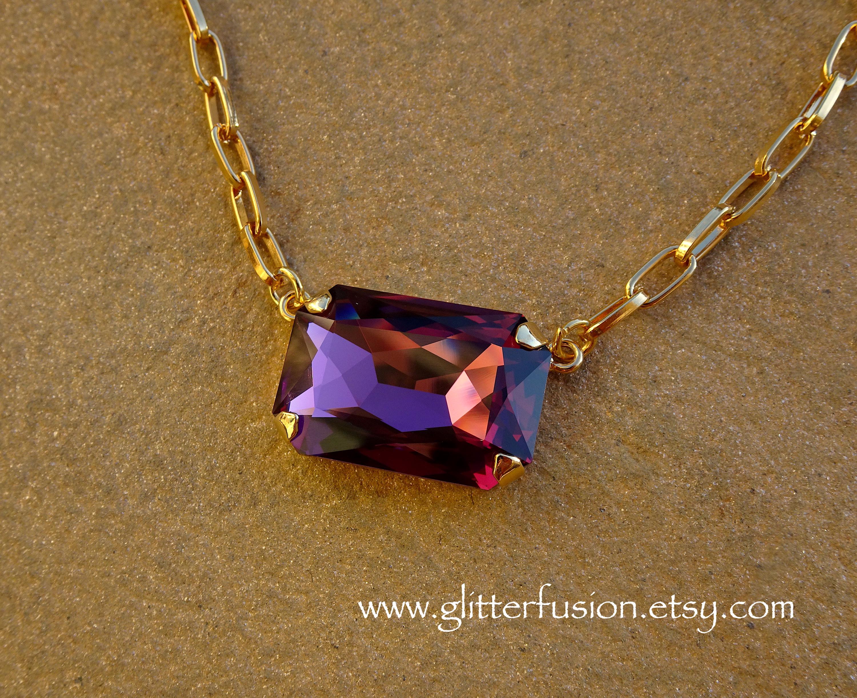 Amethyst Swarovski Crystal Gold Paperclip Chain Statement Necklace, February Birthstone Purple Crystal Valentine's Necklace, Glitter Fusion