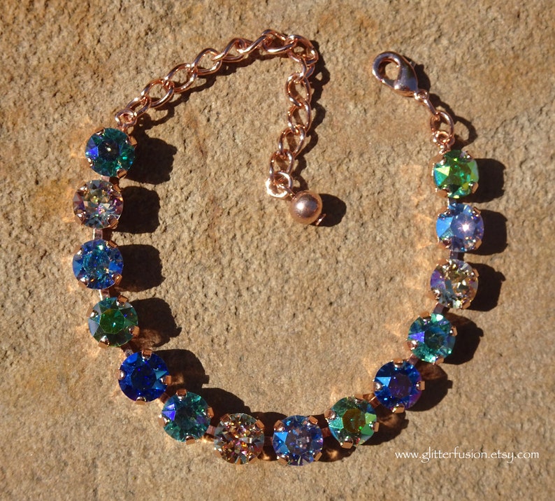 Mermaid Swarovski & Czech Crystal Rose Gold Statement Bracelet, Blue Crystal Bridesmaid Tennis Bracelet, Gift For Her, GlitterFusion Jewelry image 9