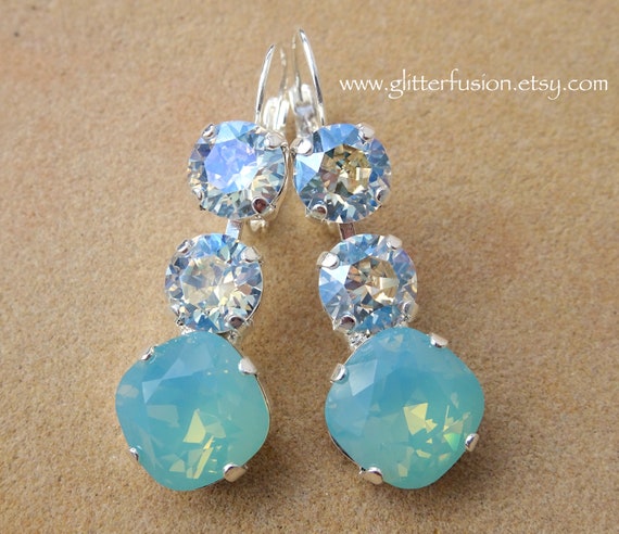Pacific Opal Moonlight Swarovski Crystal Statement Earrings Big Elegant Mint Opalescent and Clear Crystal Pageant Earrings GlitterFusion