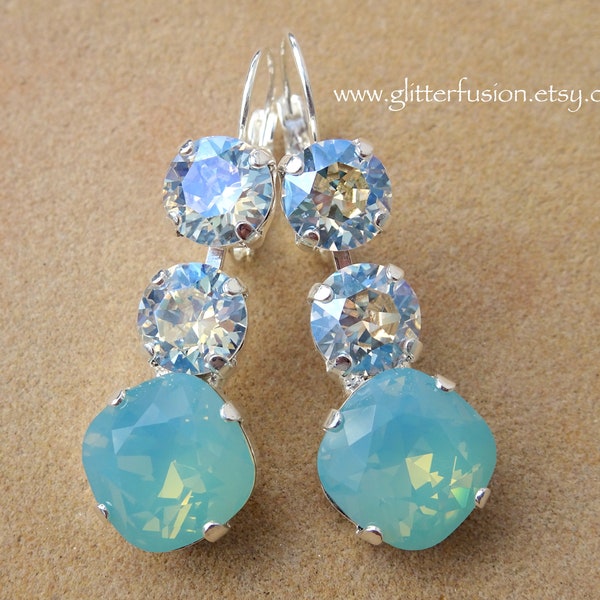 Pacific Opal - Moonlight Swarovski Crystal Statement Boucles d’oreilles, Big Elegant Mint Opalescent et Clear Crystal Pageant Earrings, GlitterFusion