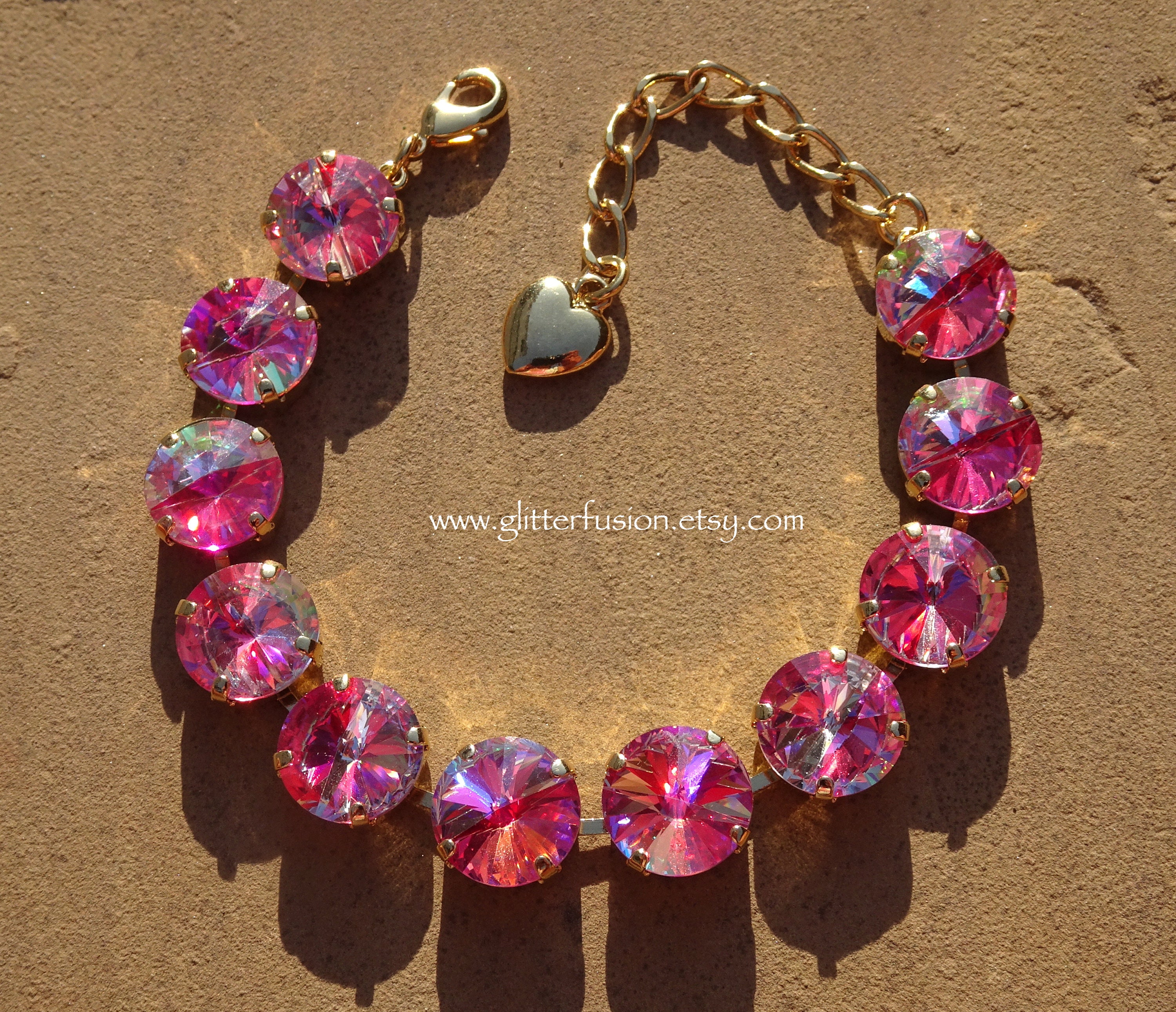 Raspberry Shimmer Czech Crystal Statement Bracelet, Big Pink Raspberry Shimmer Czech Crystal Statement Bracelet, Big Pink