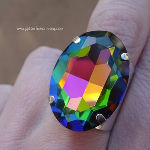 Vitrial Medium Swarovski Oval Crystal Statement Ring, Big Rainbow Crystal High Fashion Glam Pageant Stage Ring, Glitter Fusion Pride Jewelry