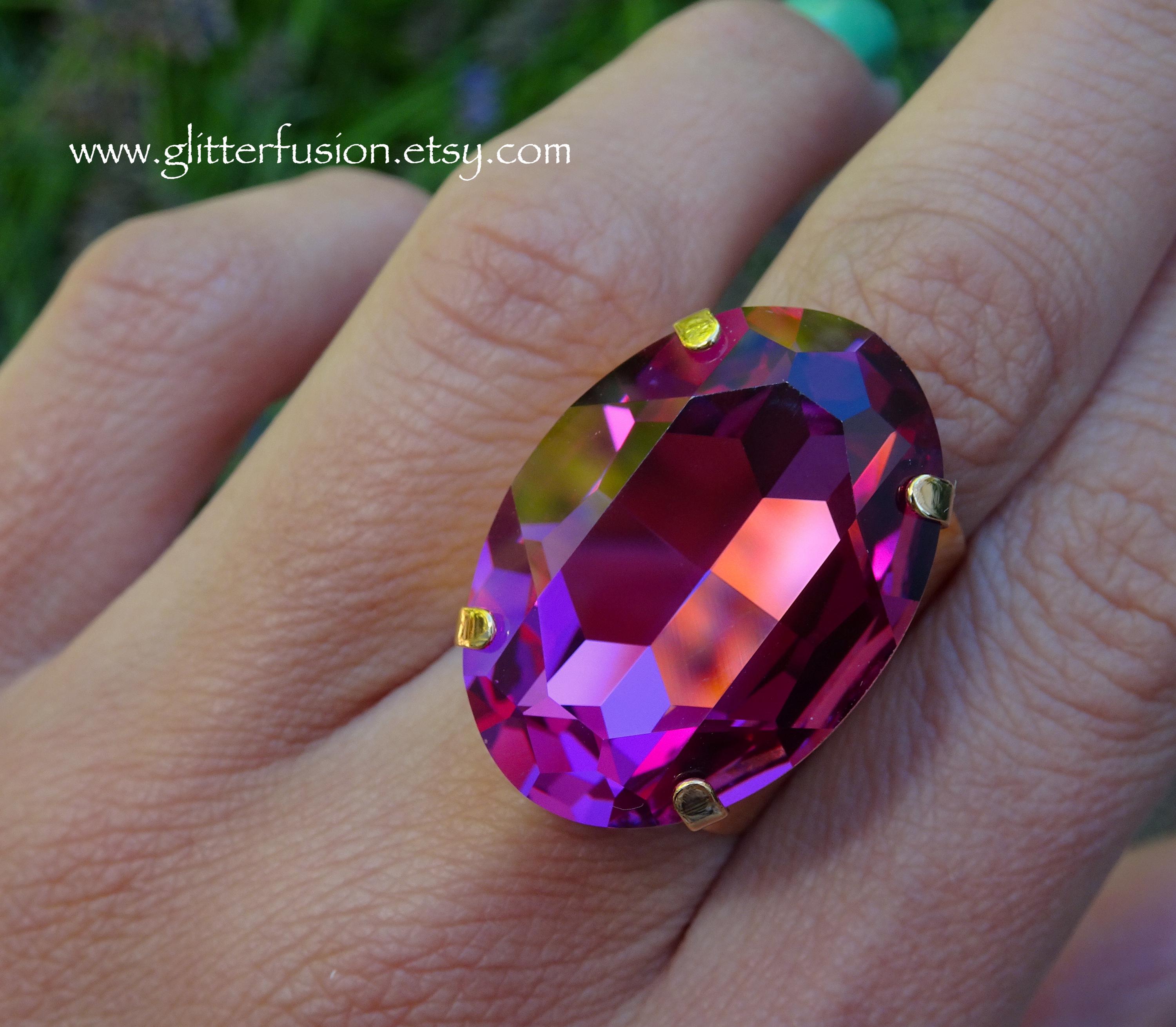 Pageant Rings NEW COLOR Dark Rose Swarovski Crystal Statement Ring, Deep Pink Oval ...