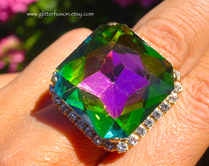 Pageant Rings Vintage Vitrail Medium Czech Crystal Statement Ring, Big Colorful ...