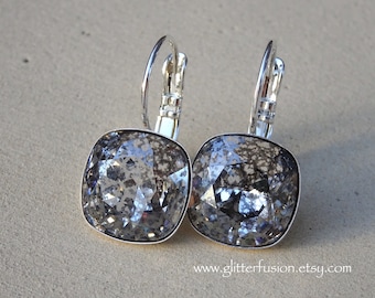 Silver Patina Swarovski Crystal Statement Earrings, Neutral Gray Clear Black Cushion Cut Vintage Inspired Crystal Earrings, Glitter Fusion