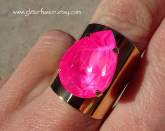 Neon Pink Swarovski Crystal Statement Ring, Big Hot Pink Crystal Pear Gold Wide Band Ring, Valentine's Day Gift For Her, Glitter Fusion