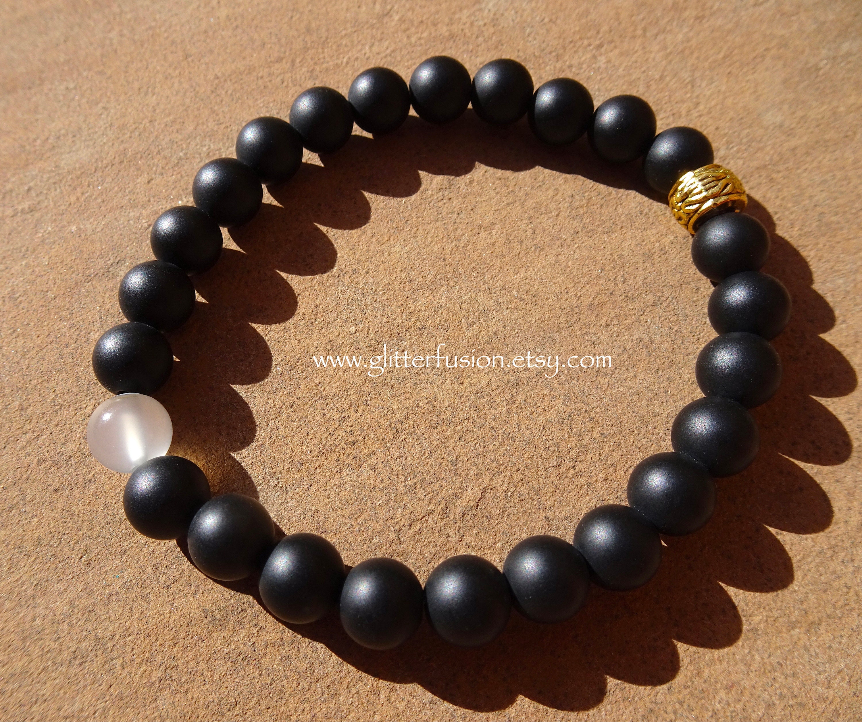 Men's Matte Black Onyx & White Agate Beaded Bracelet, Boho Yoga