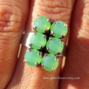 Vintage Green Opal Swarovski Crystal Multi Stone Statement Ring, Elegant High Fashion Glitter Fusion Opalescent Crystal Anniversary Ring
