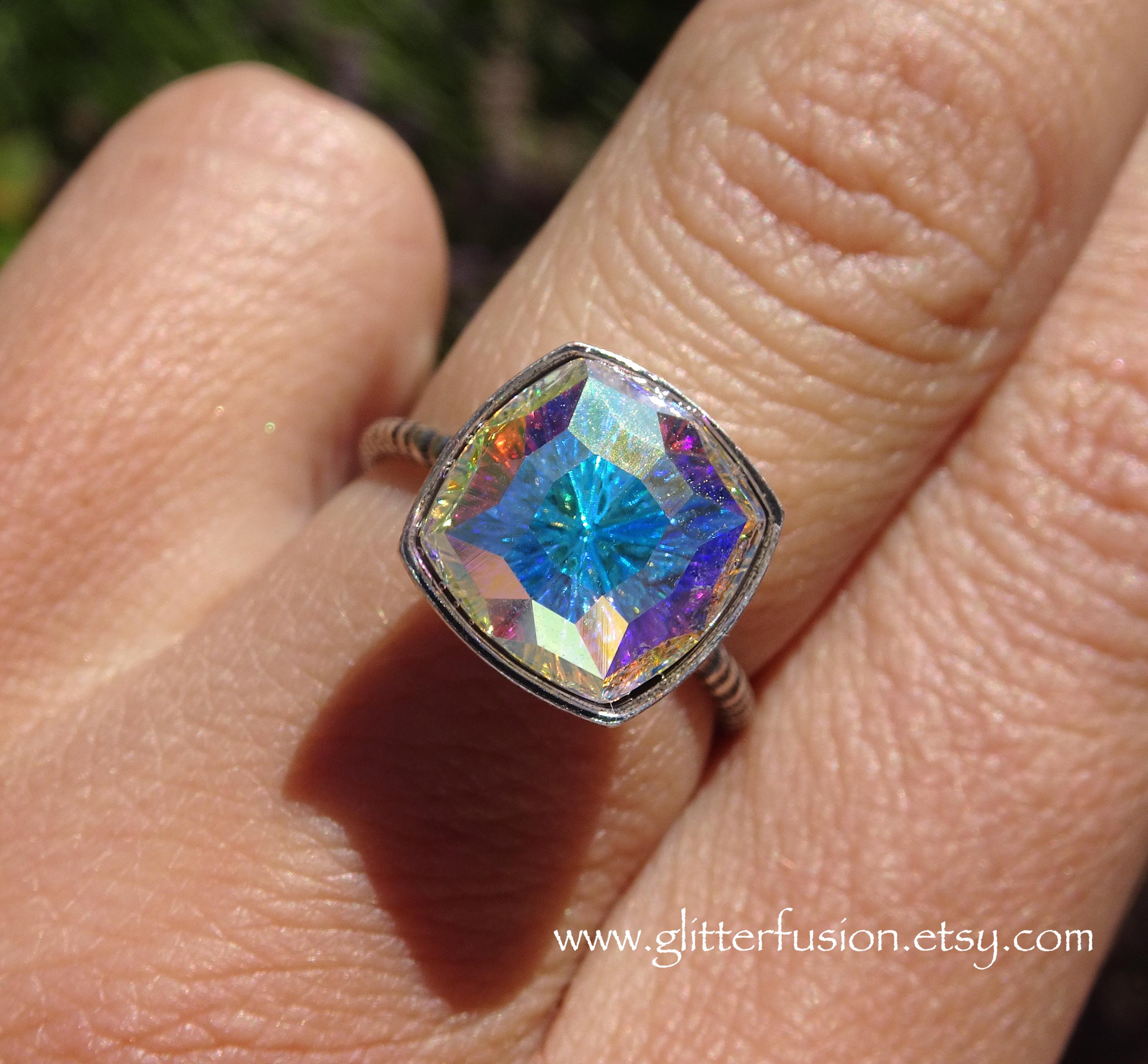 Opal Ring Swarovski Festivity Ring Aurora Borealis Swarovski