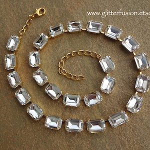 Crystal Clear Czech Crystal Gold Statement Necklace, Big Colorless Crystal Bridesmaid Prom Necklace, Valentine&#39;s Gift, GlitterFusion Jewelry