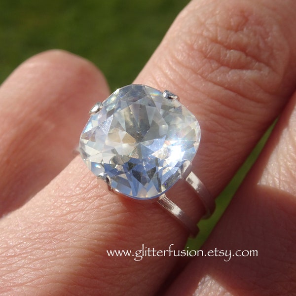 NEW! Crystal Ignite Swarovski Crystal Statement Ring, 12mm Cushion Cut Clear Crystal Ring, Anniversary Bridesmaid Jewelry, Glitter Fusion