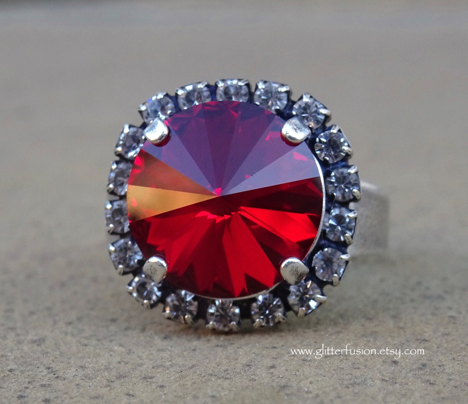 Siam Swarovski Crystal Statement Ring, Ruby Red Crystal Clear Halo ...