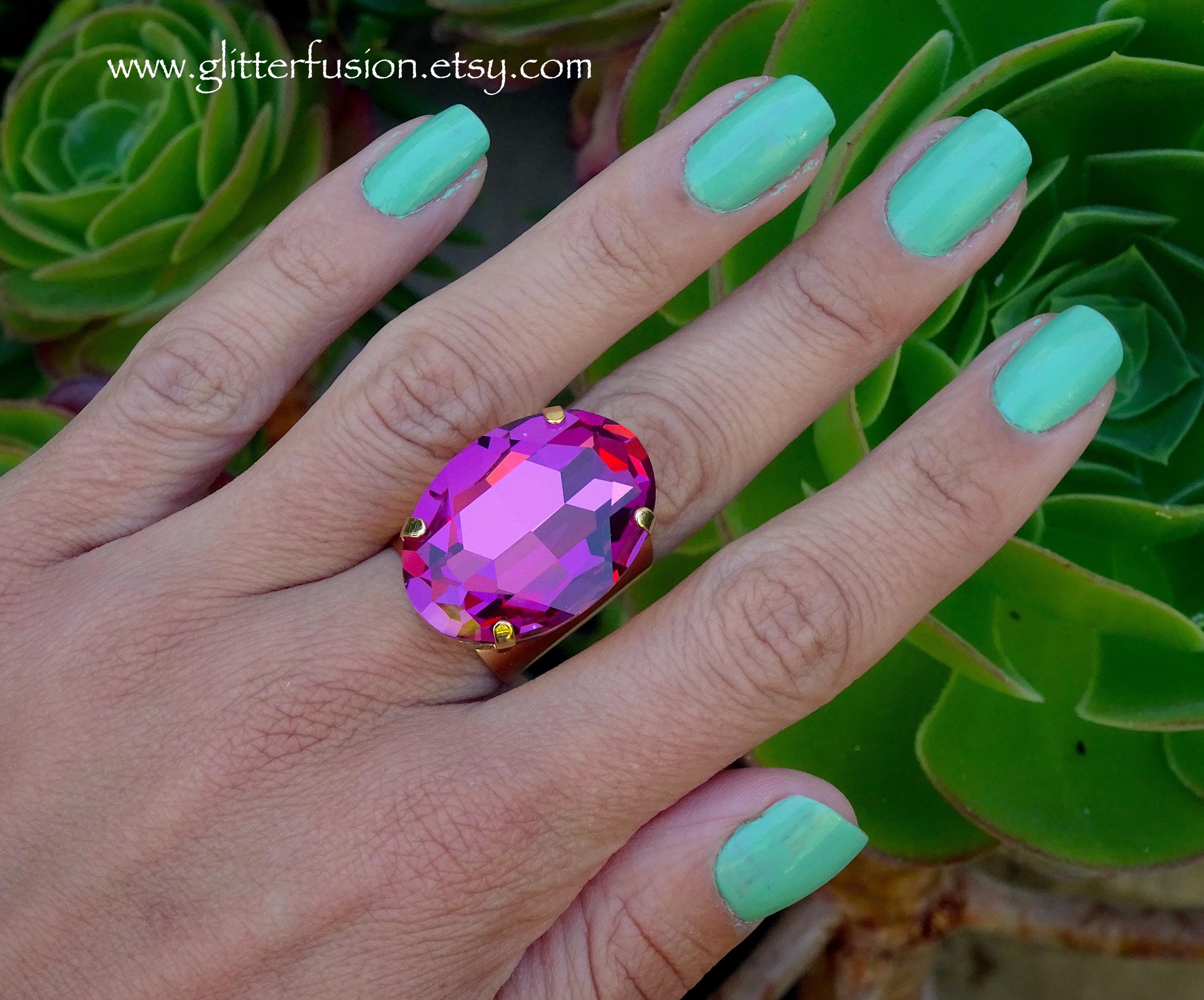 Pageant Rings NEW COLOR Dark Rose Swarovski Crystal Statement Ring, Deep Pink Oval ...