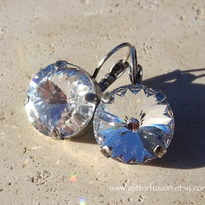 Big 16mm Crystal Clear Swarovski Crystal Antique Silver Statement Earrings, Glam Pageant Bridal Wedding Bridesmaid Earrings, Glitter Fusion