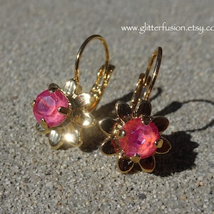 Lotus Pink DeLite Swarovski Crystal Statement Earrings, Pink Gold Daisy Floral Spring Fashion Bridesmaid Dangle Earrings, Glitter Fusion
