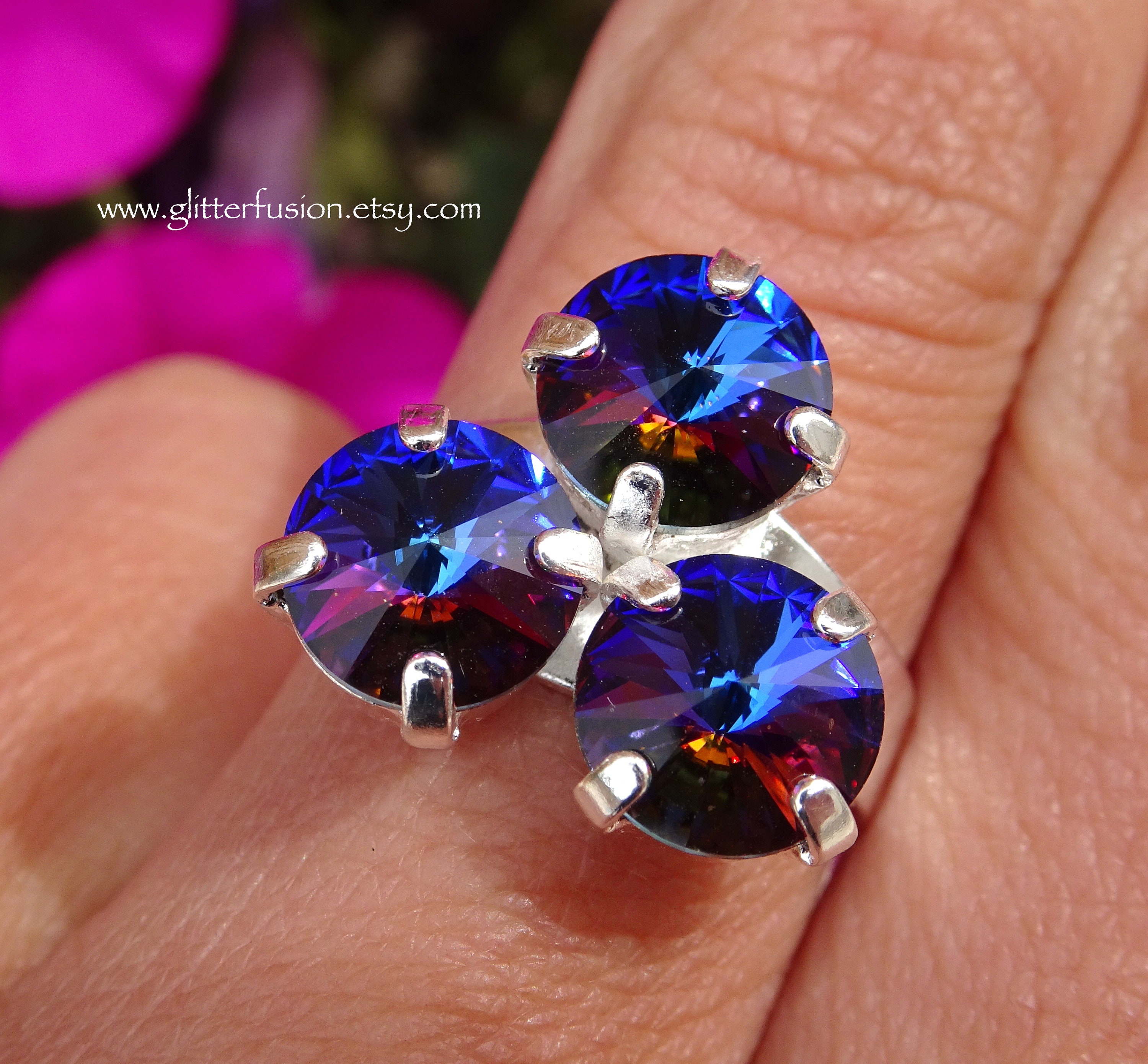 Meridian Blue Swarovski Crystal Statement Ring, Colorful Crystal