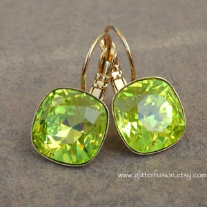 Chartreuse Swarovski Crystal Statement Earrings, Yellow-Green Lemon Lime Crystal Gold Bridesmaid Earrings GlitterFusion Gift For Her Jewelry