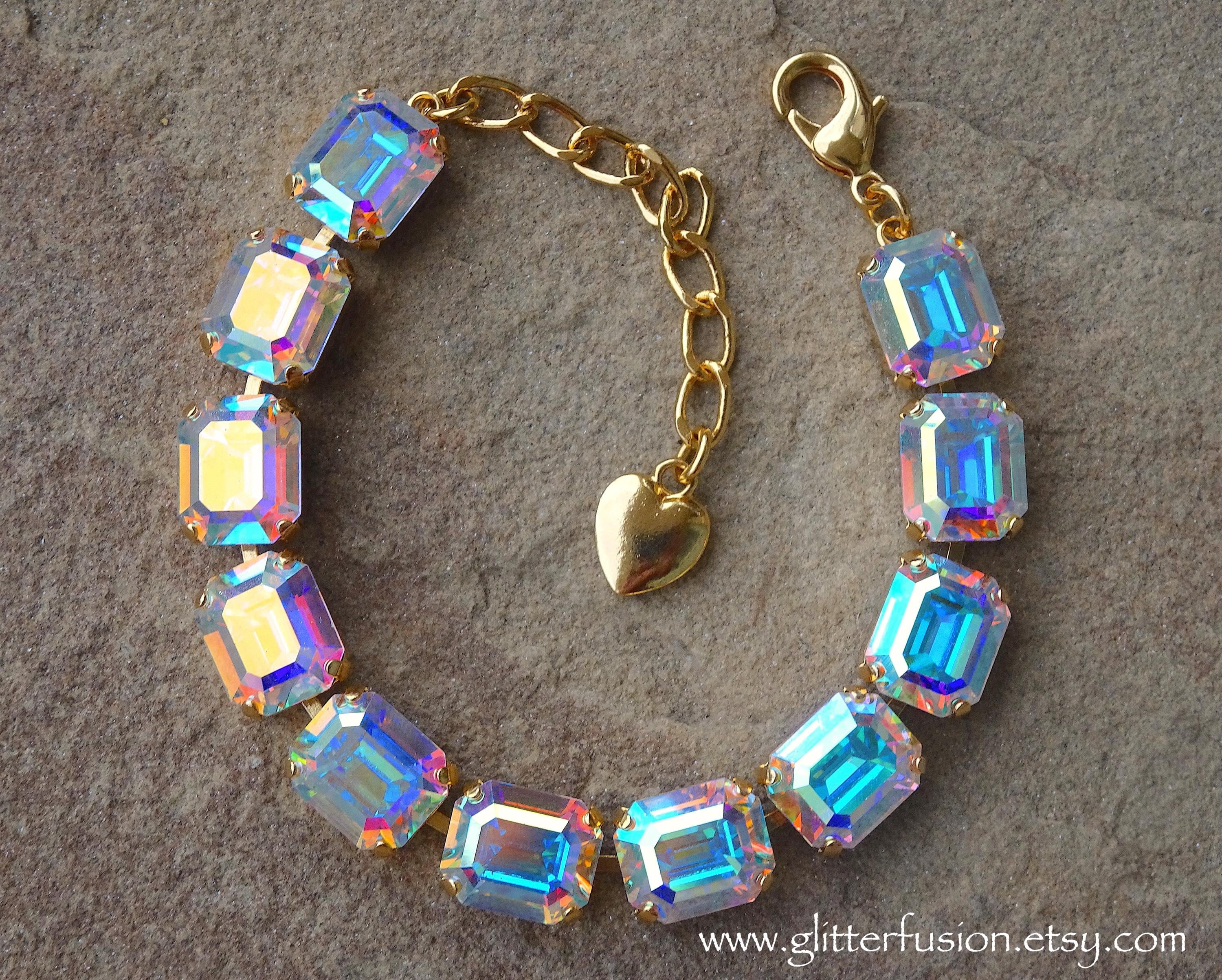 Aurora Borealis Czech Crystal Gold Statement Bracelet, Sparkly