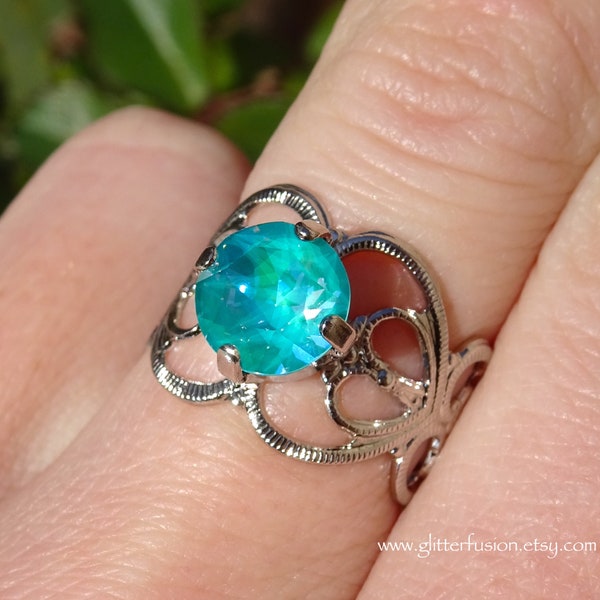 Laguna DeLite Swarovski Crystal Boho Chic Statement Ring, Teal Blue-Green Crystal Silver Heart Filigree Ring, GlitterFusion Bohemian Jewelry