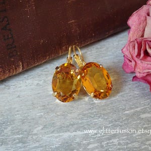 Vintage Unfoiled Topaz Swarovski Crystal Gold Statement Earrings, Yellow Oval Crystal Elegant Bridesmaid Dangle Earrings, Glitter Fusion