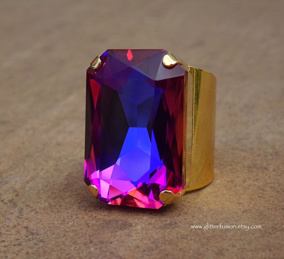 Pageant Rings Volcano Sunset Czech Crystal Big Statement Ring Huge Purple Pink ...