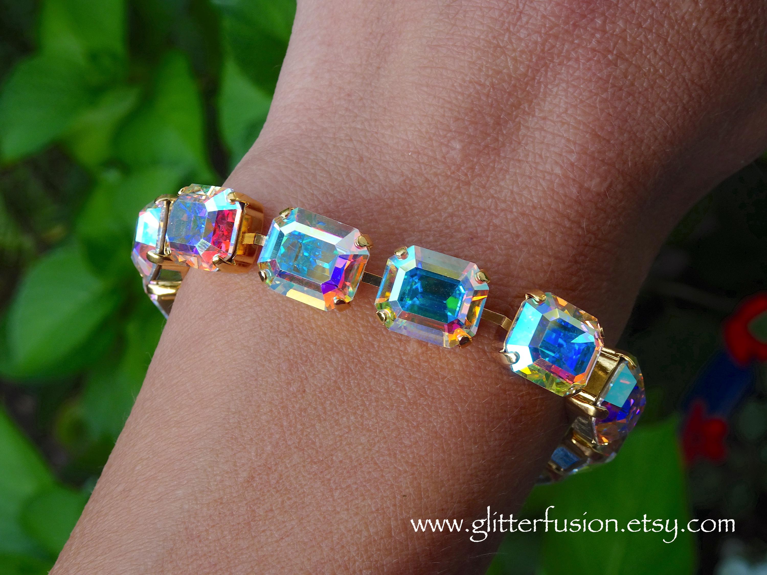 Aurora Borealis Czech Crystal Gold Statement Bracelet, Sparkly