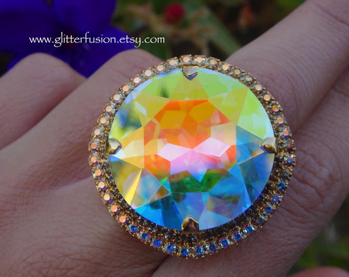 Pageant Rings Aurora Borealis Czech Crystal Statement Ring, Big Iridescent AB Crystal ...