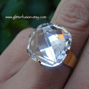 Crystal Clear Swarovski Classical Square Crystal Statement Ring, Faceted 16mm Neutral Crystal Gold Ring, Gift For Her, GlitterFusion Jewelry