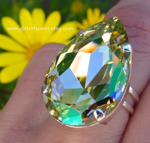 Luminous Green Swarovski Crystal Pear Statement Ring Huge Iridescent Green Teardrop Ring Big Glitter Fusion High Fashion Pageant Ring Etsy