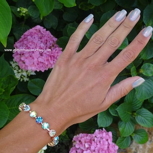 Mermaid Swarovski & Czech Crystal Rose Gold Statement Bracelet, Blue Crystal Bridesmaid Tennis Bracelet, Gift For Her, GlitterFusion Jewelry image 10