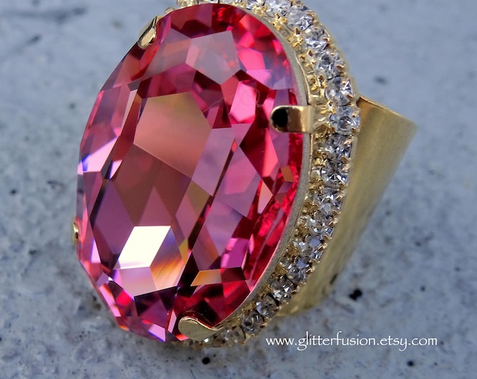 Pageant Rings Light Rose Swarovski Oval Crystal Ring, Huge 30mm Pink Crystal Boho ...
