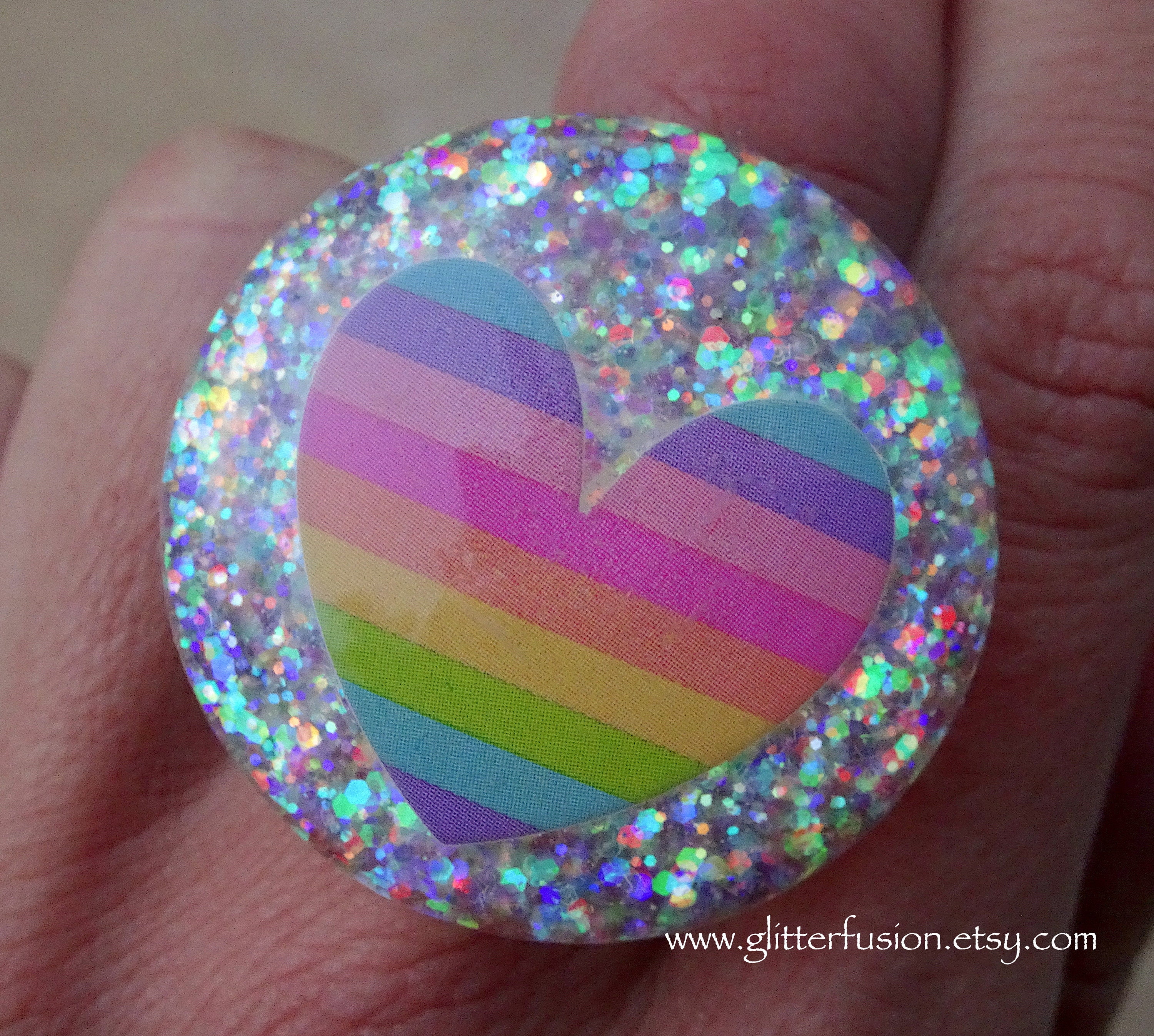 Iridescent White Glitter Resin Heart Statement Ring Shimmery