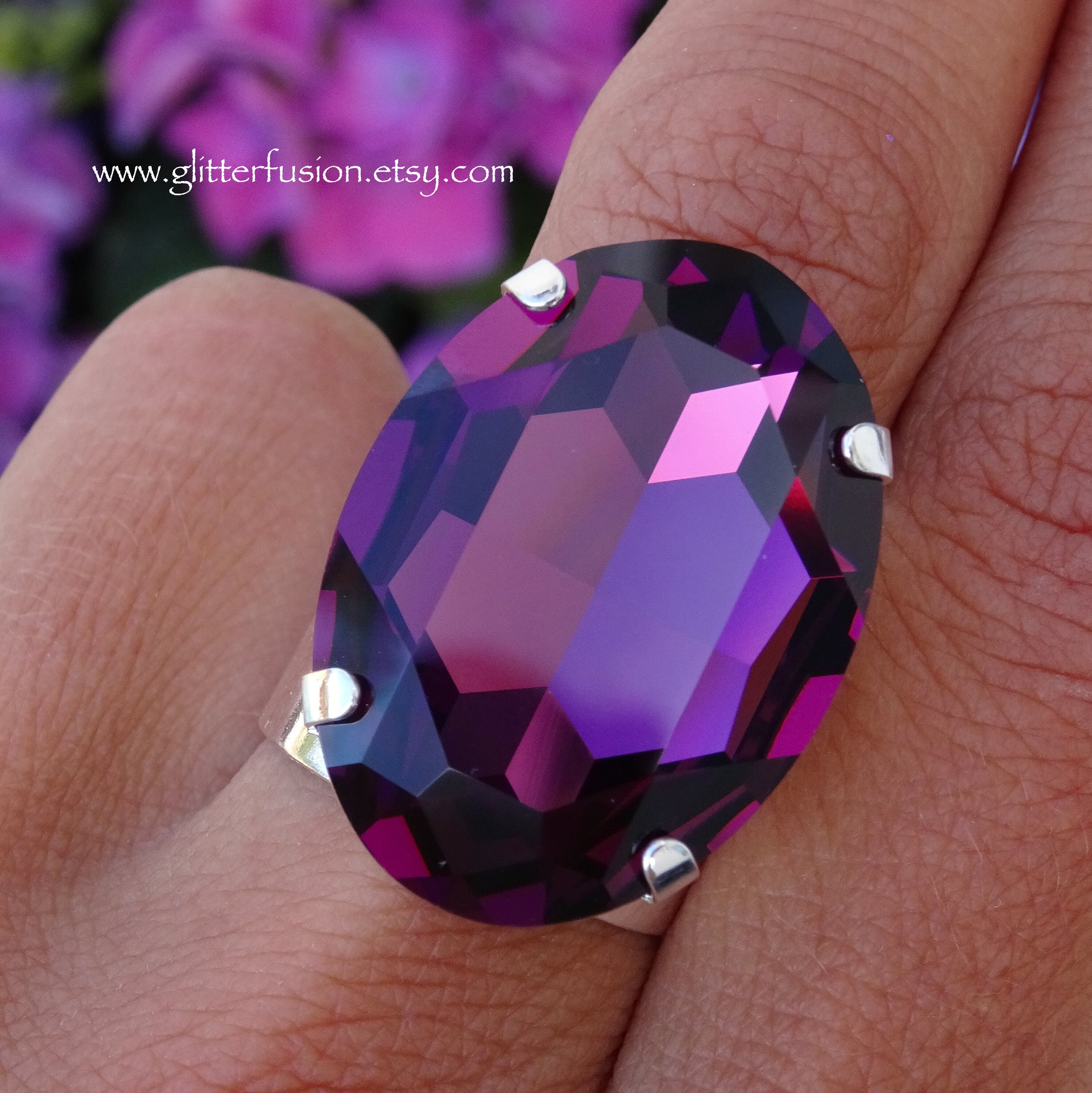 Amethyst Swarovski Crystal Oval Statement Ring, Huge Purple Crystal ...