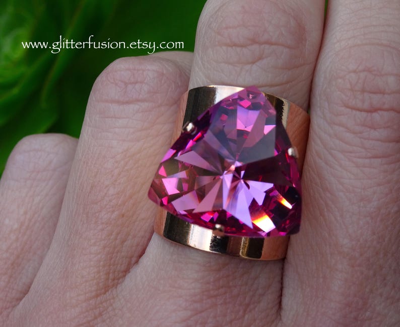 Pageant Rings Rose Kaleidoscope Swarovski Crystal Rose Gold Wide Band Statement Ring ...