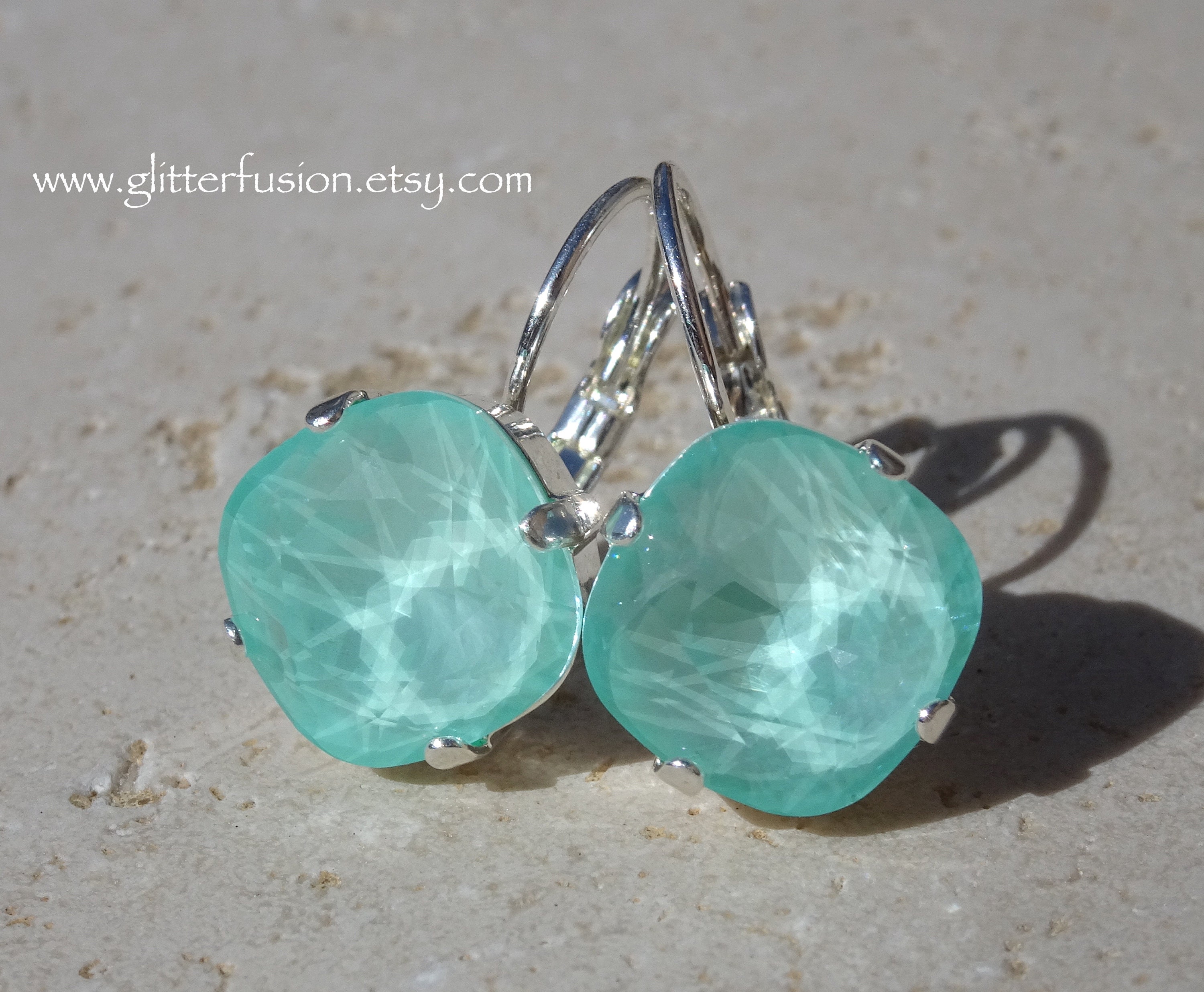 NEW COLOR! Soft Mint Swarovski Crystal Cushion Cut Statement Earrings, Mint Green Silver Spring Fashion Bridesmaid Earrings, Glitter Fusion