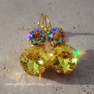 Light Topaz & Light Topaz Shimmer Swarovski Crystal Statement Earrings, Big Yellow Gold Crystal Bridesmaid Dangle Earrings, Glitter Fusion
