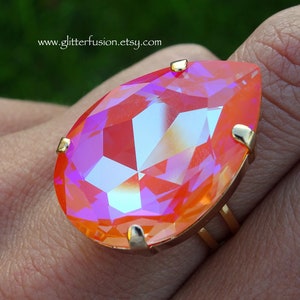 Orange Glow DeLite Swarovski Crystal Pear Statement Ring, Huge 30mm Bright Orange Halloween Glam Ring, Pageant Prom Ring, Glitter Fusion