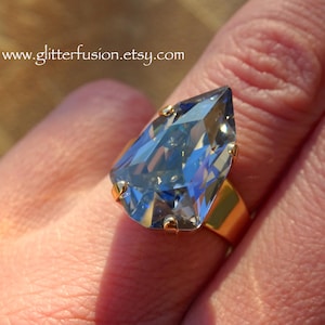 NEW! Blue Shade Slim Trilliant Swarovski Crystal Statement Ring, Silvery Blue Crystal Gold Ring, Glitter Fusion Prom Pageant Jewelry